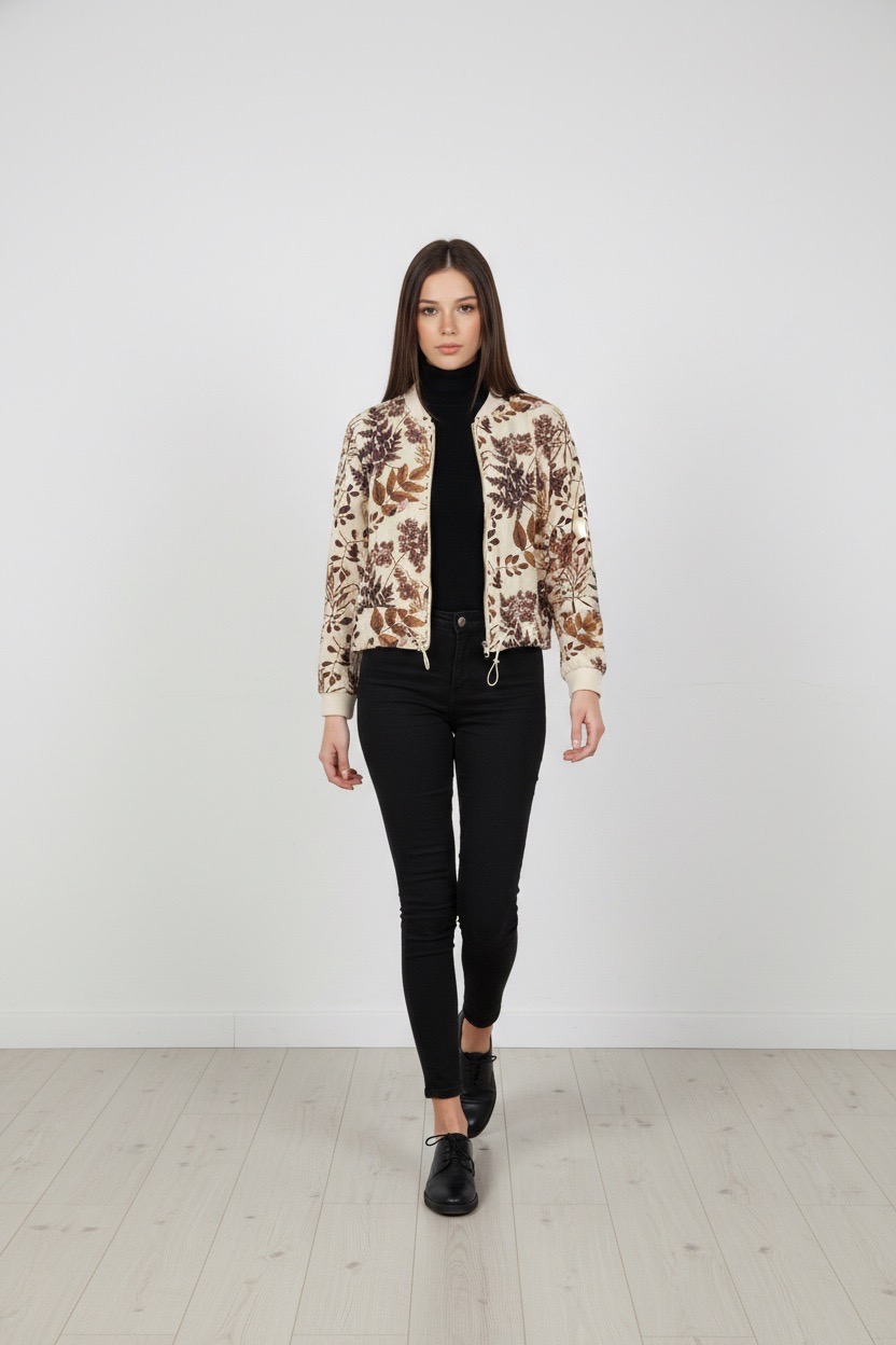 Una mujer de pelo castaño liso vestida con una chaqueta de estampado floral, jersey de cuello alto negro, pantalones negros y zapatos negros camina confiada por una habitación minimalista con suelo de madera clara y una pared blanca lisa.
