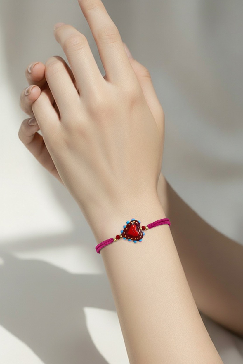 Una delicada mano luce la Pulsera Corazón de cristal con cordón azul, con un cordón azul y un charm de cristal en forma de corazón, sobre un fondo suave y neutro.
