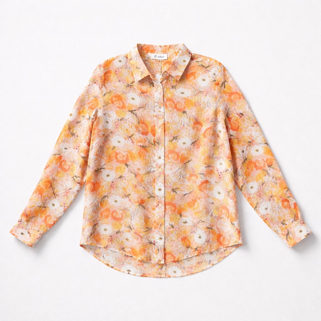 Camisa abotonada de manga larga y cuello en punta, con estampado floral integral en tonos naranja, amarillo y blanco sobre fondo claro. La camisa está extendida sobre una superficie blanca.