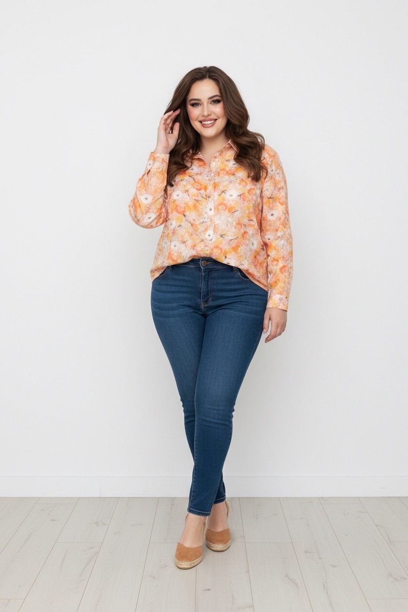 Mujer con pelo largo castaño vestida con una blusa naranja floral de nuestra colección Blusas y Camisas para mujer, vaqueros pitillo azules y zapatos color canela, de pie y sonriendo delante de una pared blanca lisa sobre suelo de madera clara.
