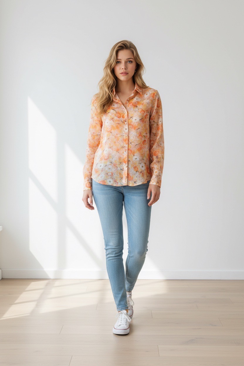Una mujer de pie en el interior de una casa lleva una blusa de flores color melocotón, vaqueros azul claro y zapatillas blancas. Lleva el pelo largo y rubio y mira a la cámara. La habitación tiene el suelo de madera clara y una pared blanca por la que entra la luz del sol.