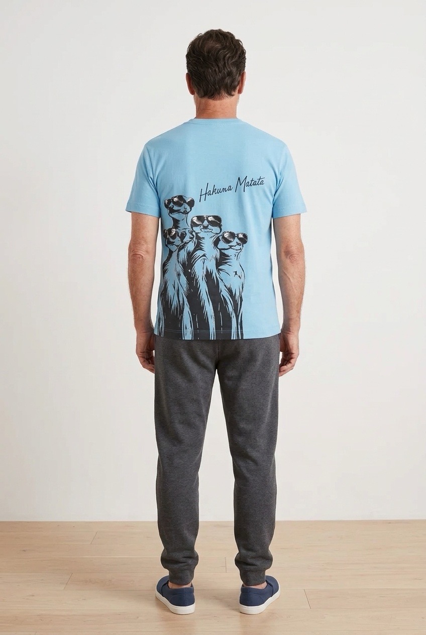 La Camiseta Oversize "Hakuna Matata" - Unisex - Azul | 100% Algodón presenta una ilustración de cuatro suricatas de pie juntas con "Hakuna Matata" escrito sobre ellas en la espalda.