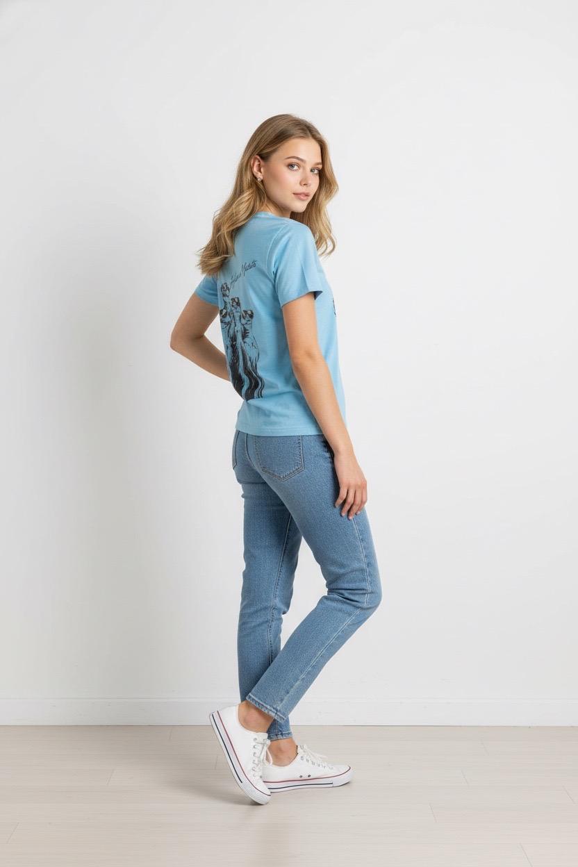 La Camiseta Oversize "Hakuna Matata" - Unisex - Azul | 100% Algodón presenta una ilustración de cuatro suricatas de pie juntas con "Hakuna Matata" escrito sobre ellas en la espalda.