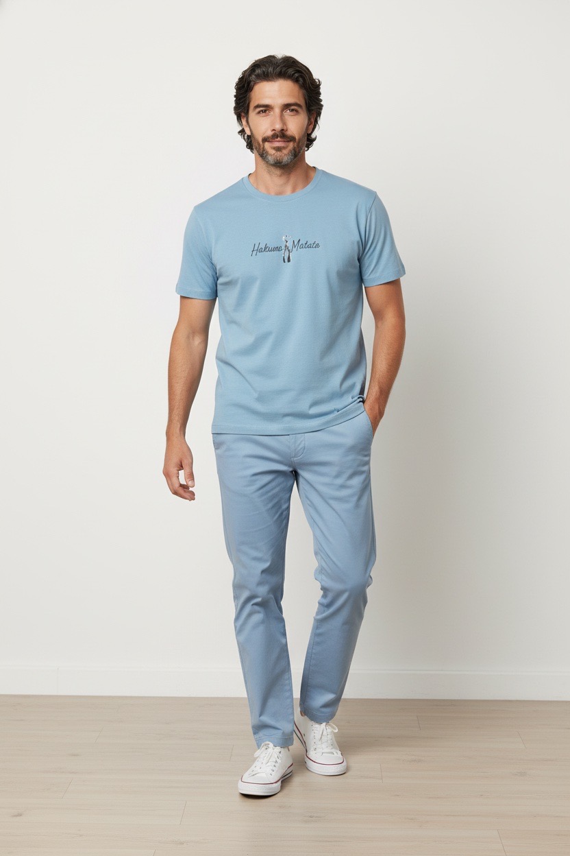 La Camiseta Oversize "Hakuna Matata" - Unisex - Azul | 100% Algodón presenta una ilustración de cuatro suricatas de pie juntas con "Hakuna Matata" escrito sobre ellas en la espalda.
