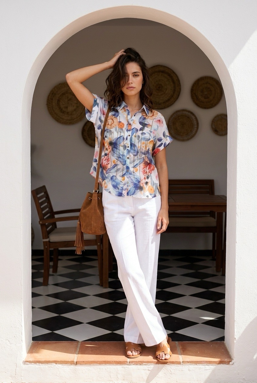 Blusa de manga corta con un colorido estampado floral y de hojas en tonos azules, amarillos, naranjas y rosas