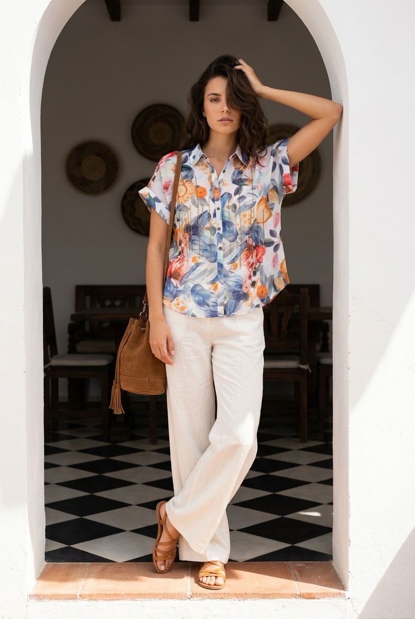 Blusa de manga corta con un colorido estampado floral y de hojas en tonos azules, amarillos, naranjas y rosas