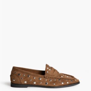 Mocasines de mujer color café efecto ante con tachuelas plateadas y antifaz, en Lybastore