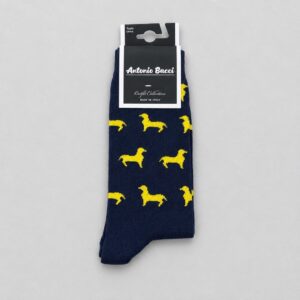 Calcetines Antonio Bacci azul marino con estampado de perros salchicha (teckel) amarillos, talla única