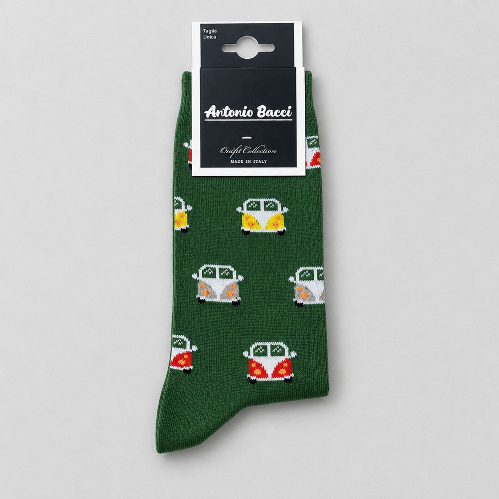Calcetines Antonio Bacci verdes con estampado de furgonetas Van de colores, talla única