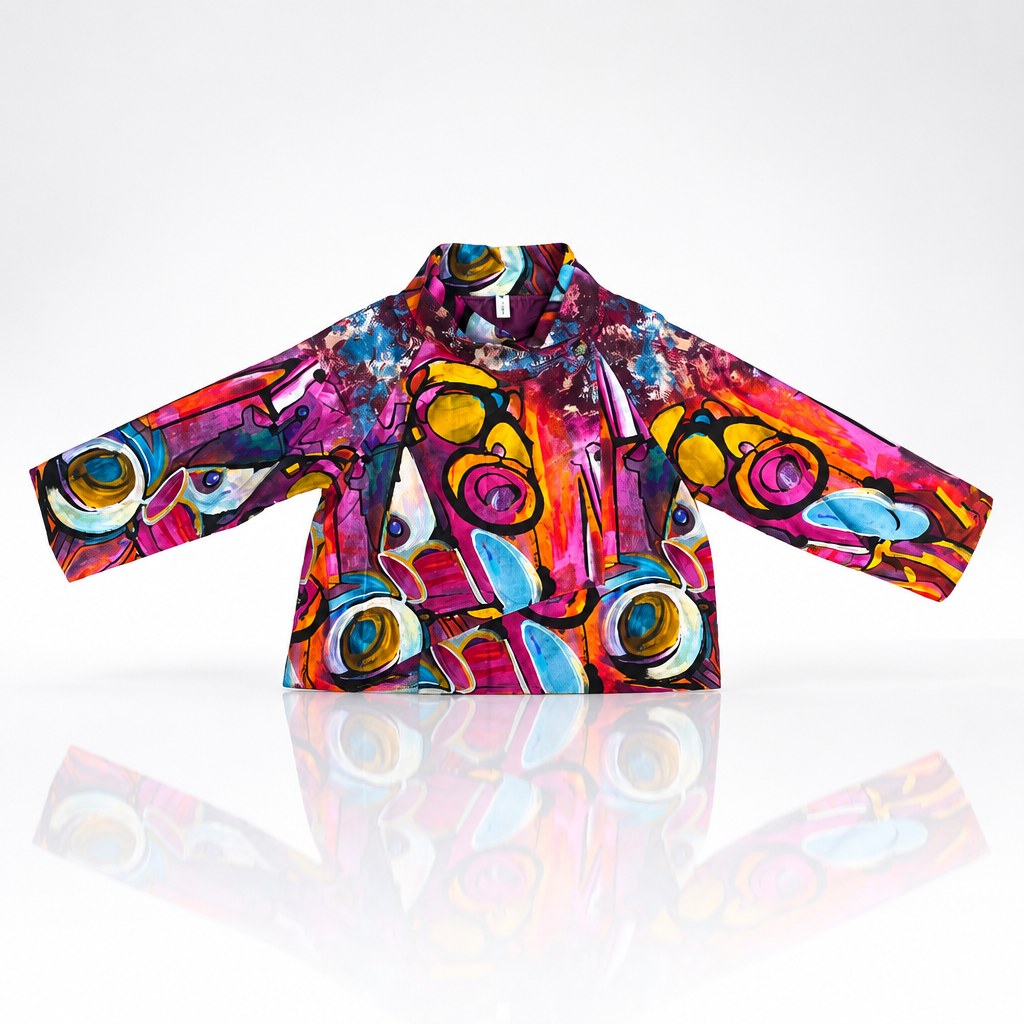 Chaqueta corta estampada multicolor Fannycoo con círculos abstractos – vista frontal