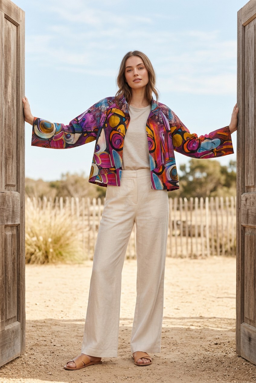 Chaqueta corta estampada multicolor Fannycoo con círculos abstractos – puesta