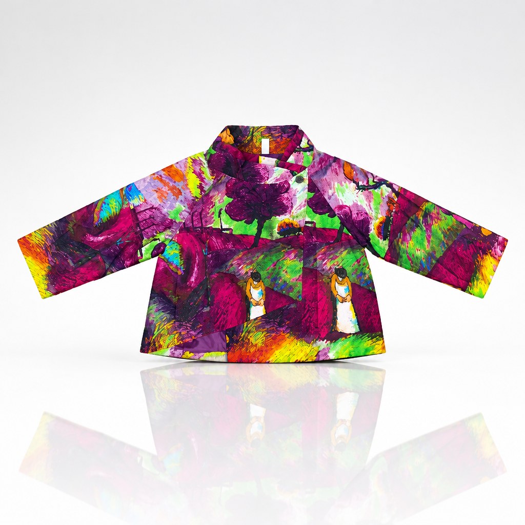 Chaqueta corta estampada fucsia y verde Fannycoo con paisaje pictórico – vista frontal