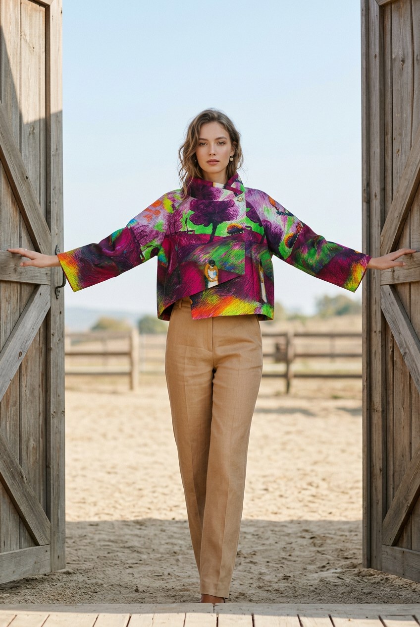 Chaqueta corta estampada fucsia y verde Fannycoo con paisaje pictórico – puesta