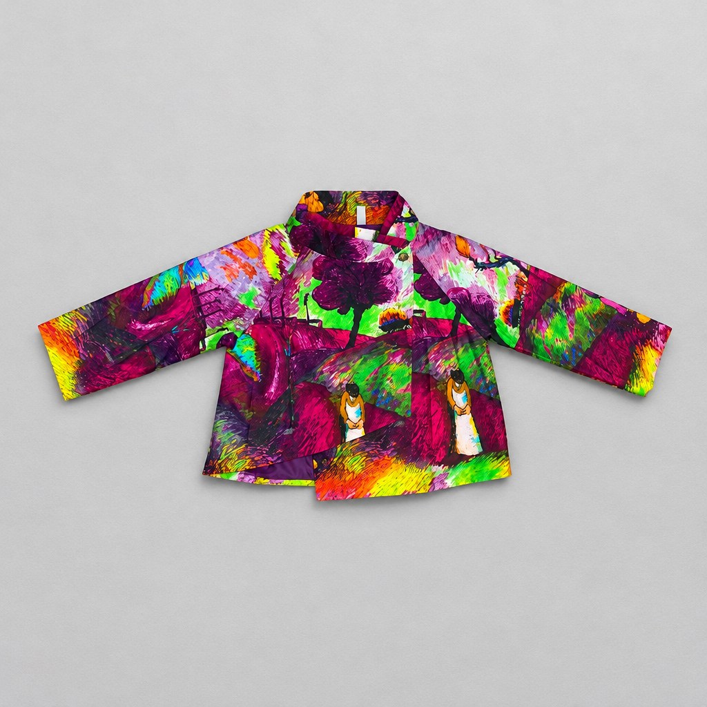 Chaqueta corta estampada fucsia y verde Fannycoo con paisaje pictórico – prenda