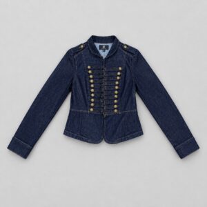 Chaqueta Napoleón vaquera azul oscuro con doble fila de botones dorados y alamares, vista frontal