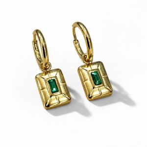 Pendientes cuadrados dorados con cristal verde rectangular y aro pequeño