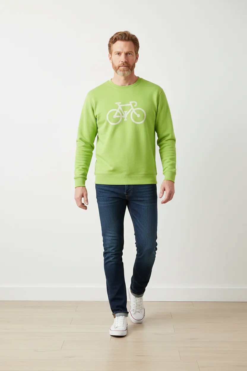 Hombre con sudadera Bicicleta Antonio Bacci verde lima y vaqueros oscuros