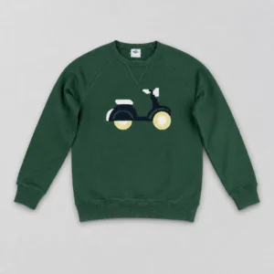 Sudadera Vespa Antonio Bacci verde con Vespa azul marino de ruedas amarillas